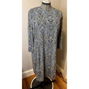 J Jill Wearever Collection Green Blue Paisley Large 3/4-sleeve Shift Dress, EUC